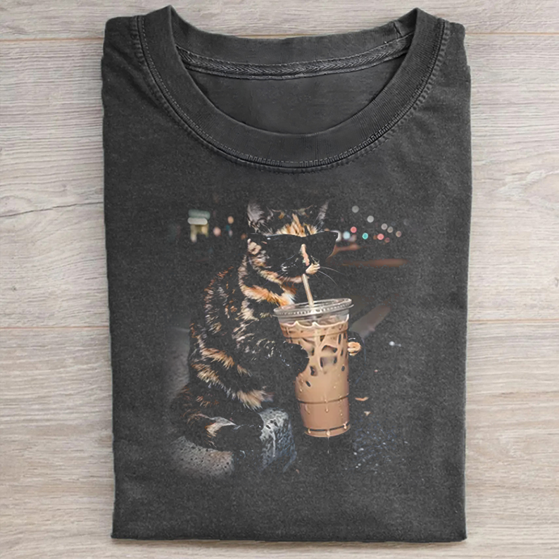 Tortie Cat Drinking Iced Coffee Shirt