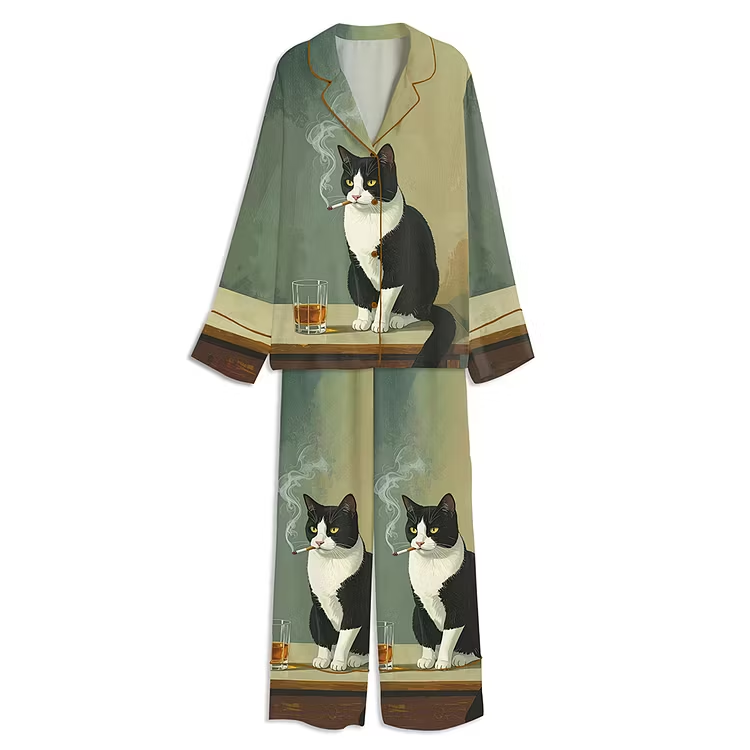 Tuxedo Cat Smoking And Drinking Whiskey Unisex Long Sleeve Satin Pajama Set