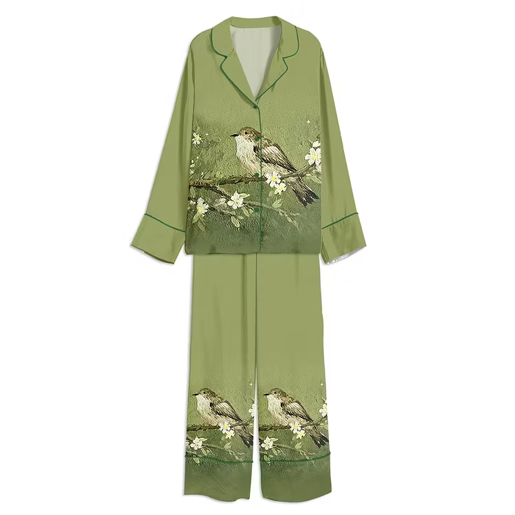 Vintage Bird Print Sage Green Unisex Long Sleeve Silky Satin Pajama Set