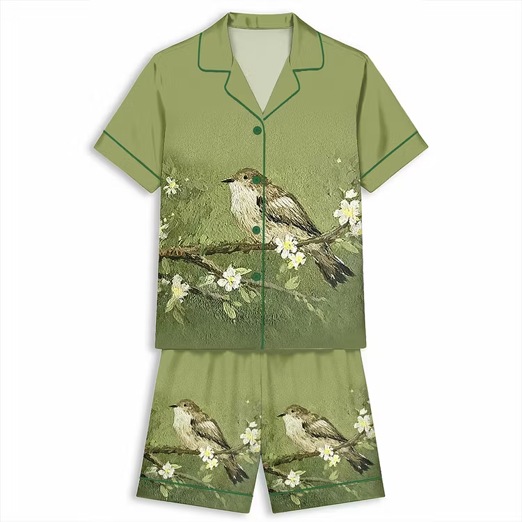 Vintage Bird Print Sage Green Unisex Short Sleeve Silky Satin Pajama Set