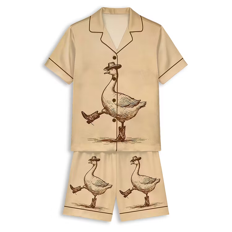 Vintage Cowboy Goose Funny Country Western Unisex Short Sleeve Satin Pajama Set