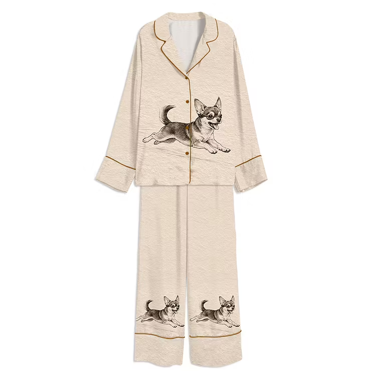 Vintage Running Chihuahua Unisex Long Sleeve Silky Satin Pajama Set