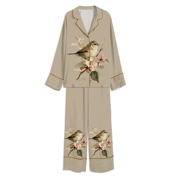 Vintage Sparrow And Blossoms Floral Bird Unisex Long Sleeve Silky Satin Pajama Set