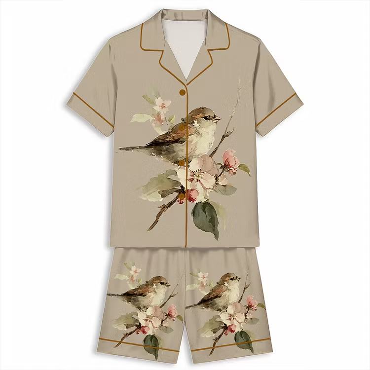 Vintage Sparrow And Blossoms Floral Bird Unisex Short Sleeve Silky Satin Pajama Set