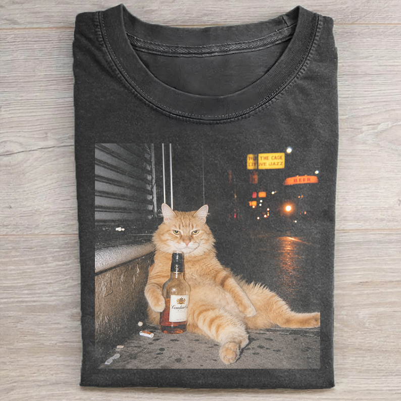 Vintage Wash Drunk Cat Meme T-Shirt