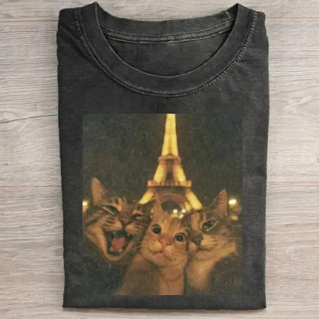 Vintage Wash Funny Paris Cat T-shirt