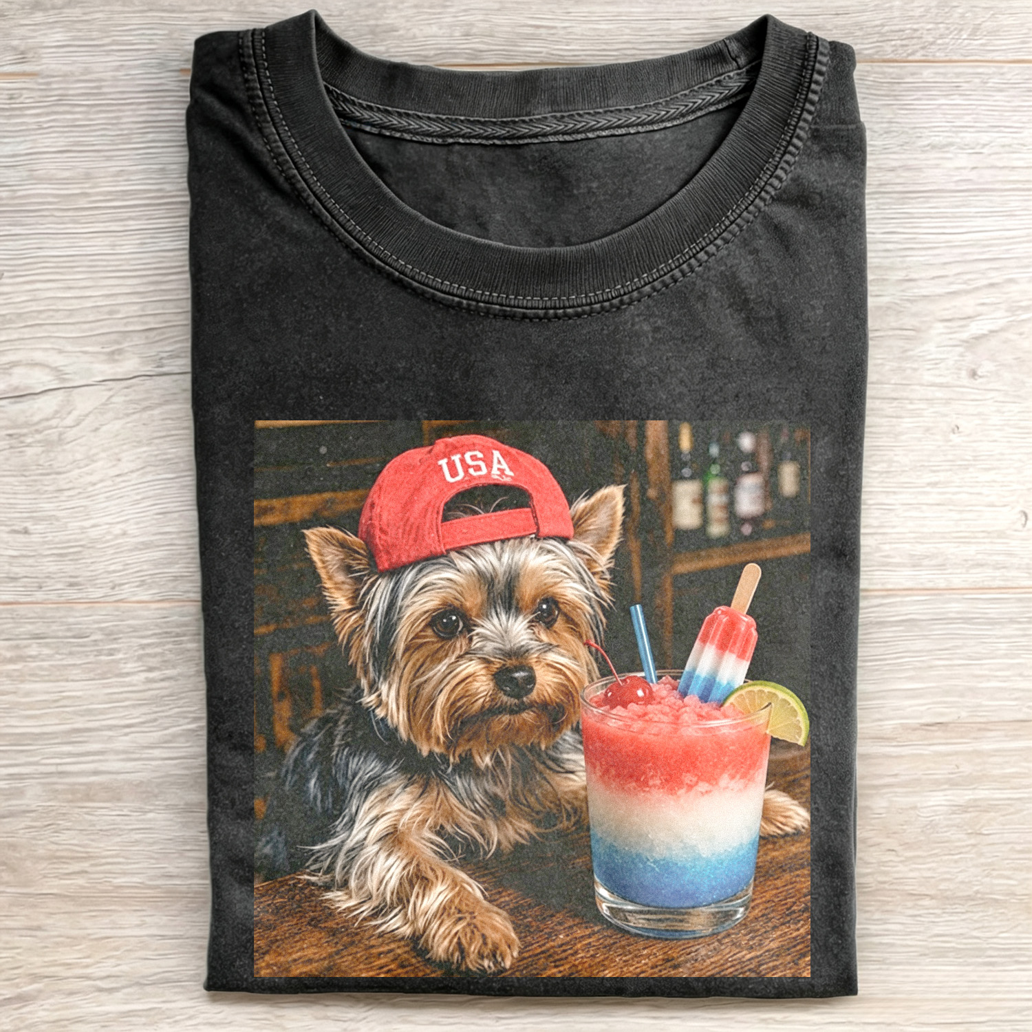 WACKY YORKSHIRE TERRIER DRINKING FUNNY T-SHIRT