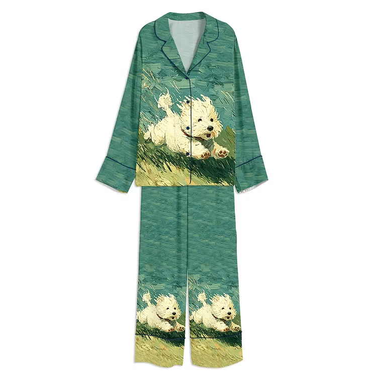 White Dog Running In Grass Unisex Long Sleeve Silky Satin Pajama Set