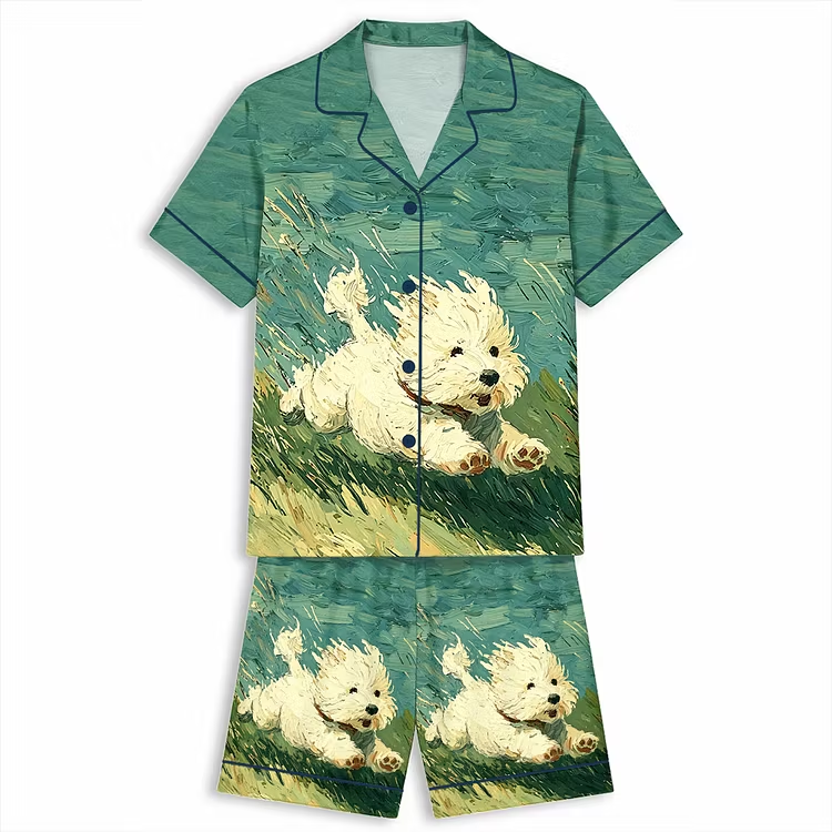 White Dog Running In Grass Unisex Short Sleeve Silky Satin Pajama Set