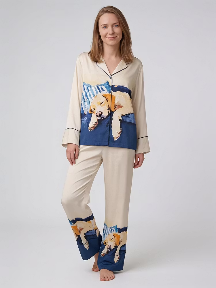 Yellow Labrador Retriever Sleeping Oil Painting Unisex Long Sleeve Silky Satin Pajama Set