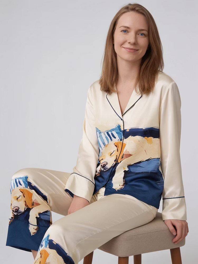 Yellow Labrador Retriever Sleeping Oil Painting Unisex Long Sleeve Silky Satin Pajama Set