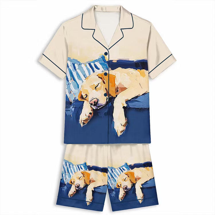Yellow Labrador Retriever Sleeping Oil Painting Unisex Short Sleeve Silky Satin Pajama Set