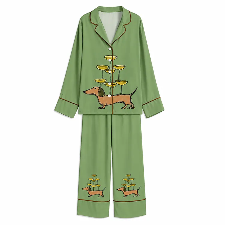 Champagne Balancing Dachshund Sage Green Unisex Long Sleeve Silky Satin Pajama Set