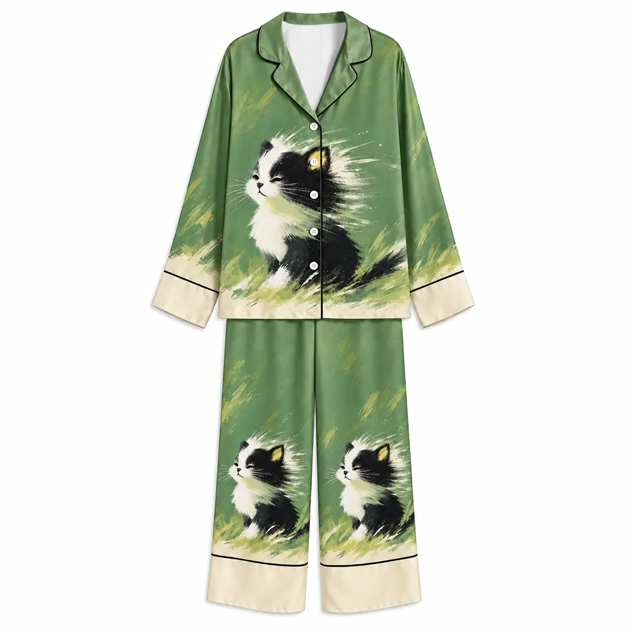Painterly Tuxedo Kitten Sage Green Unisex Long Sleeve Silky Satin Pajama Set