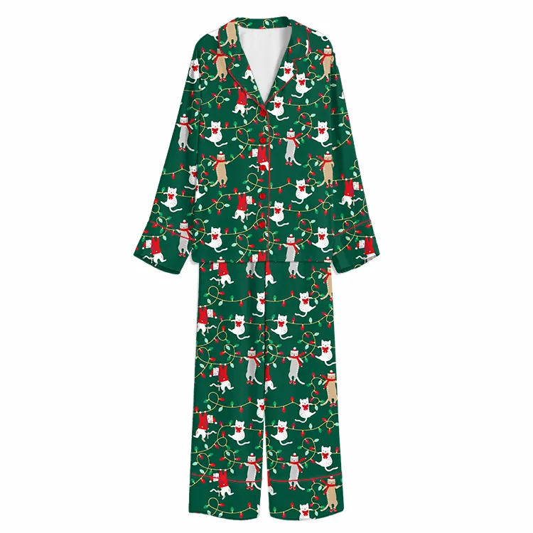 Christmas Cat Light String Party Green Unisex Long Sleeve Silky Satin Pajama Set