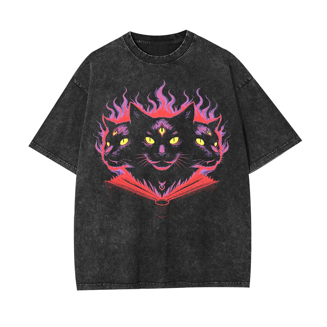 Three-Eyed Black Cat & Flaming Grimoire Vintage Washed T-Shirt/Sweatshirt/Hoodie-LASPORTN