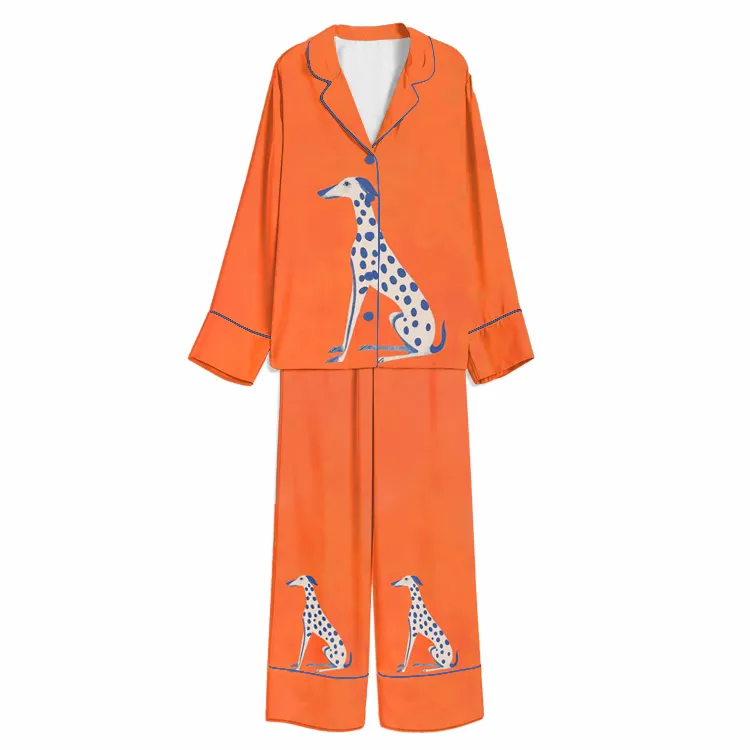 Blue Polka Dot Greyhound Orange Unisex Long Sleeve Silky Satin Pajama Set