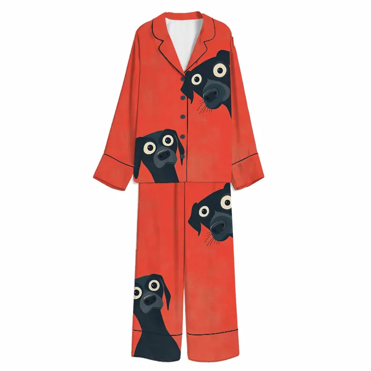 Curious Black Dog Peekaboo Red Unisex Long Sleeve Silky Satin Pajama Set