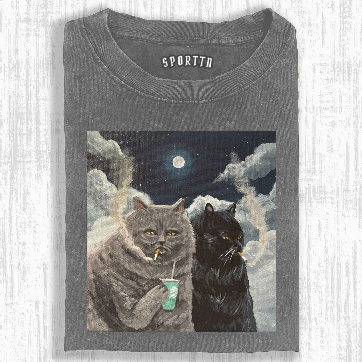 CATS SMOKING UNDER THE MOON T-SHIRT-LASPORTN