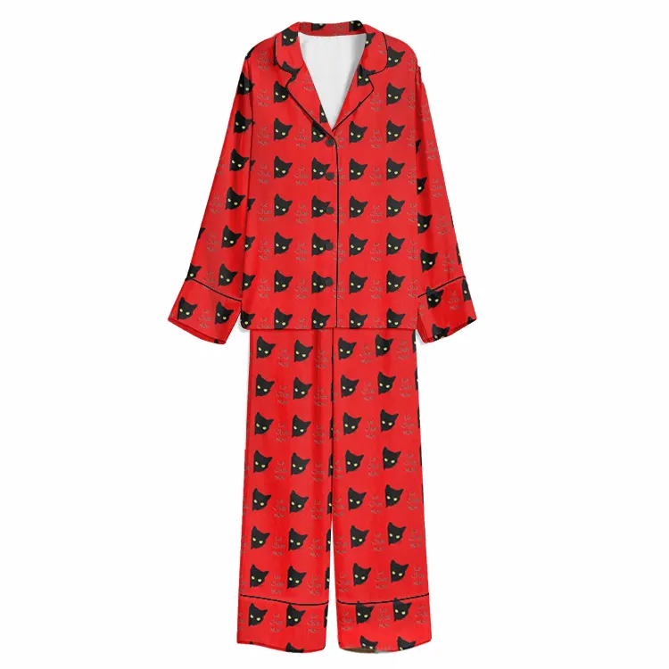 French Black Cat Pattern Red Unisex Long Sleeve Silky Satin Pajama Set