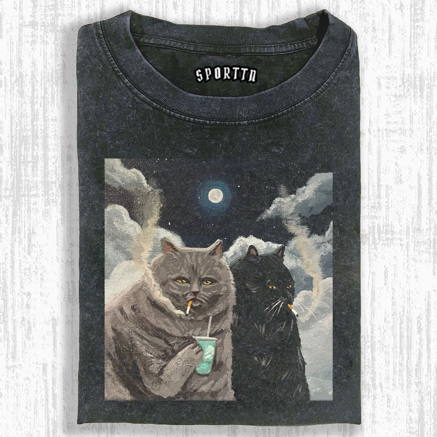 CATS SMOKING UNDER THE MOON T-SHIRT-LASPORTN