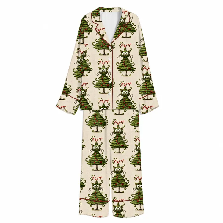 Whimsical Cat Christmas Tree Unisex Long Sleeve Silky Satin Pajama Set