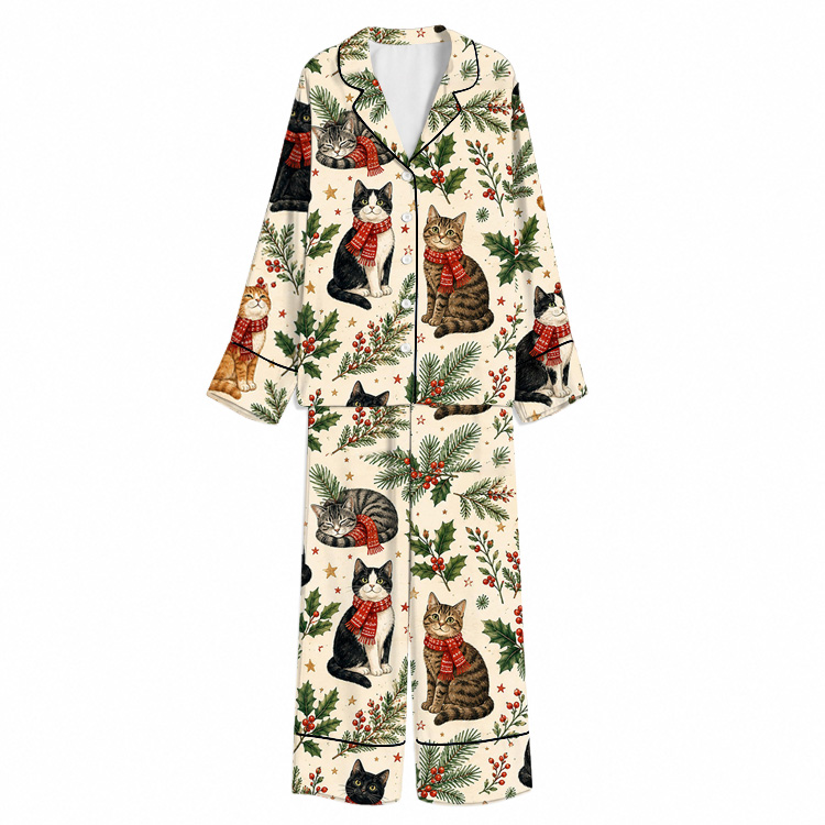Christmas Holly Scarf Cat Gathering Cream Unisex Long Sleeve Silky Satin Pajama Set