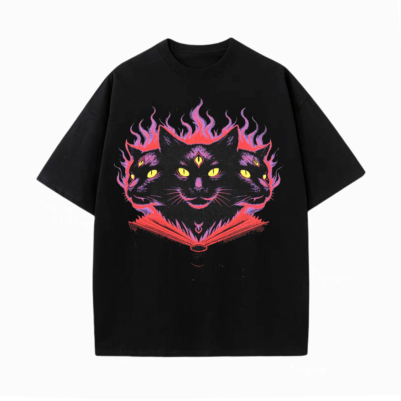 Three-Eyed Black Cat & Flaming Grimoire Vintage Washed T-Shirt/Sweatshirt/Hoodie-LASPORTN