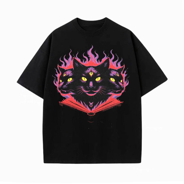 Three-Eyed Black Cat & Flaming Grimoire Vintage Washed T-Shirt/Sweatshirt/Hoodie-LASPORTN