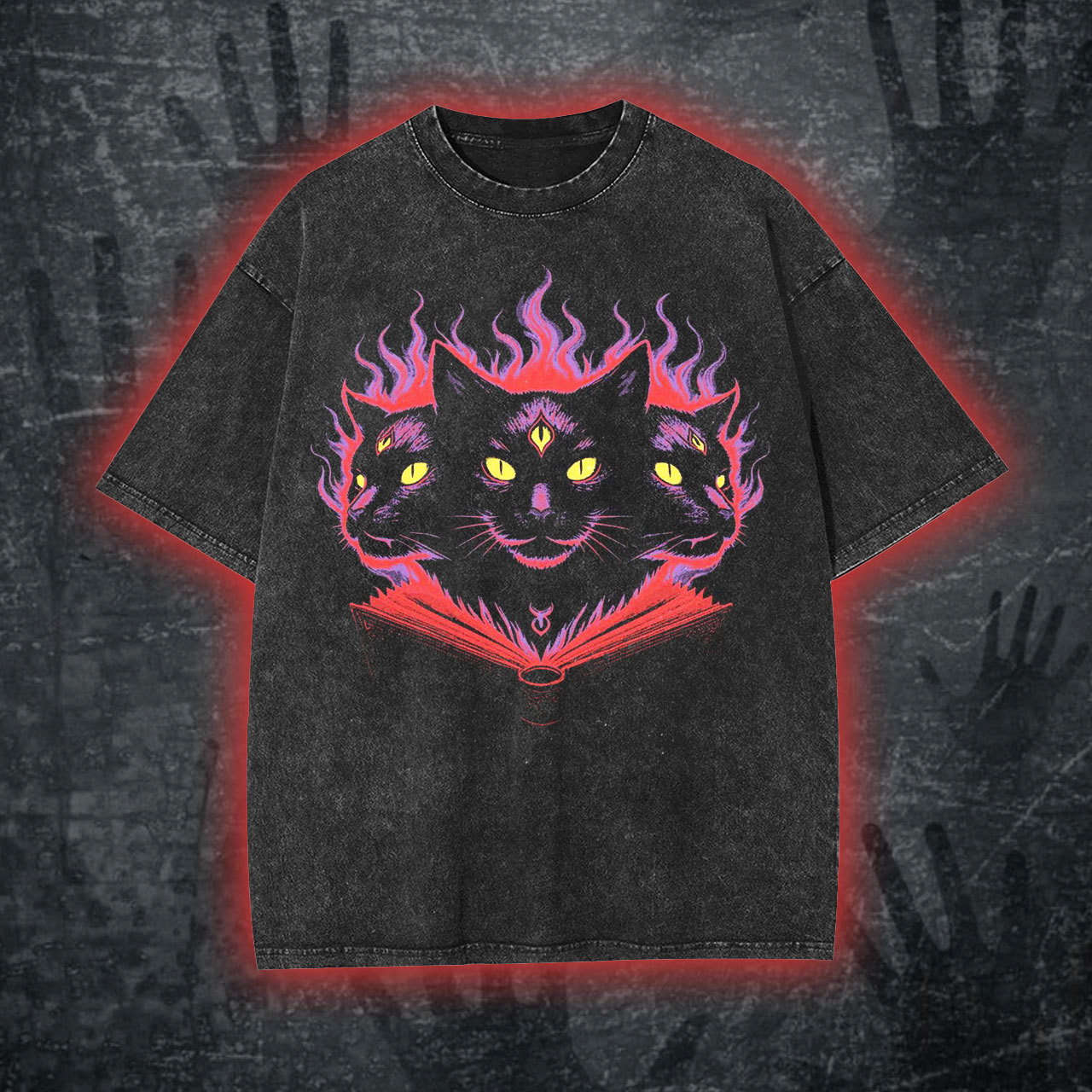 Three-Eyed Black Cat & Flaming Grimoire Vintage Washed T-Shirt/Sweatshirt/Hoodie-LASPORTN