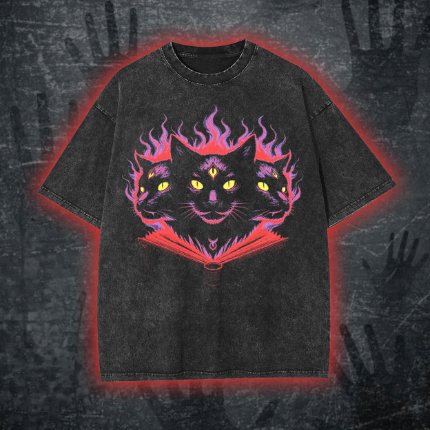 Three-Eyed Black Cat & Flaming Grimoire Vintage Washed T-Shirt/Sweatshirt/Hoodie-LASPORTN