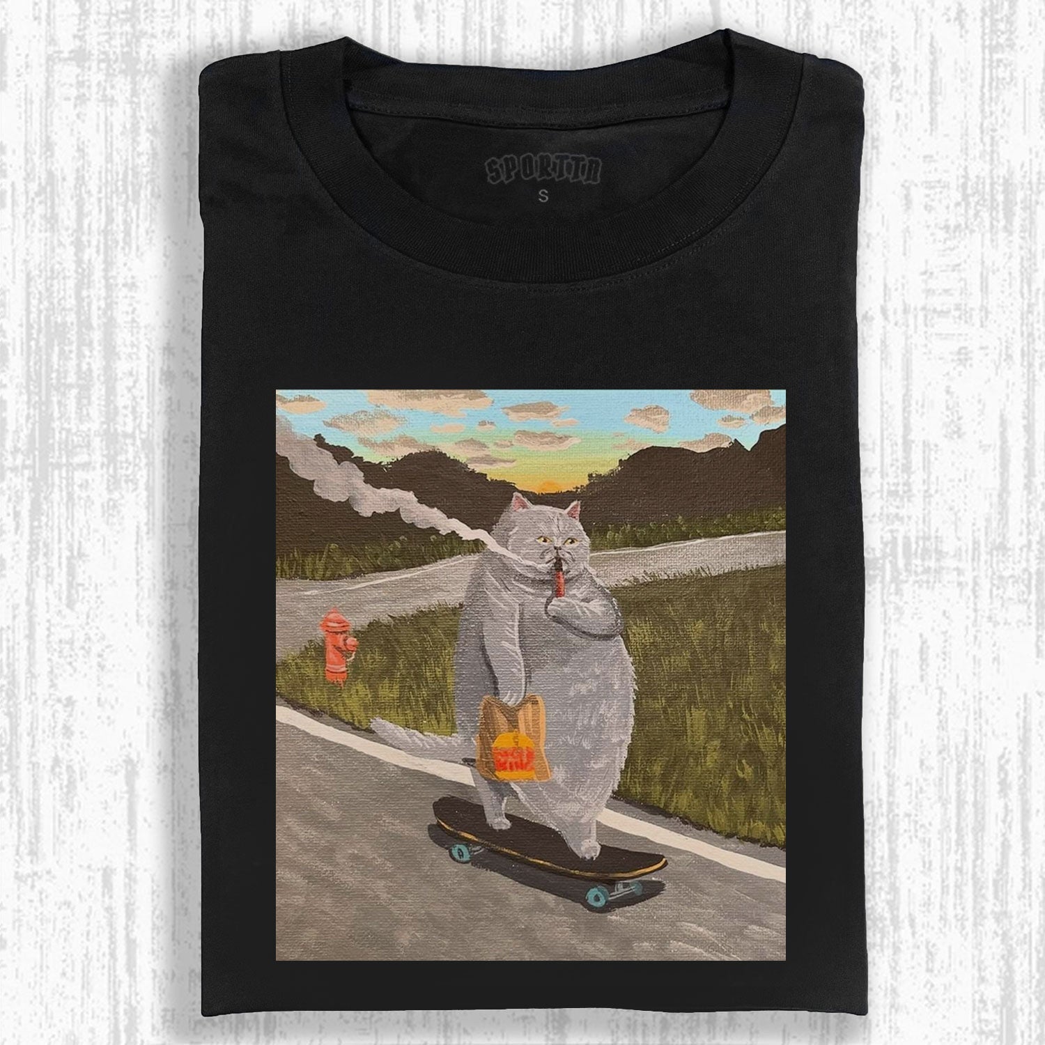 SKATEBOARDING 'SMOKING' CAT'S ROAD ROAMING T-SHIRT-LASPORTN