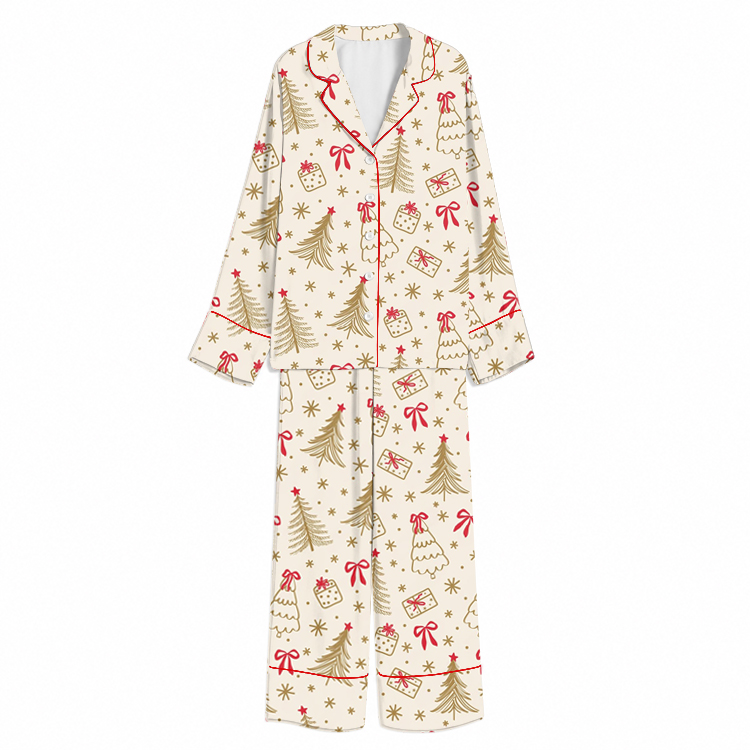 Christmas Golden Trees and Gifts Ivory Unisex Long Sleeve Silky Satin Pajama Set
