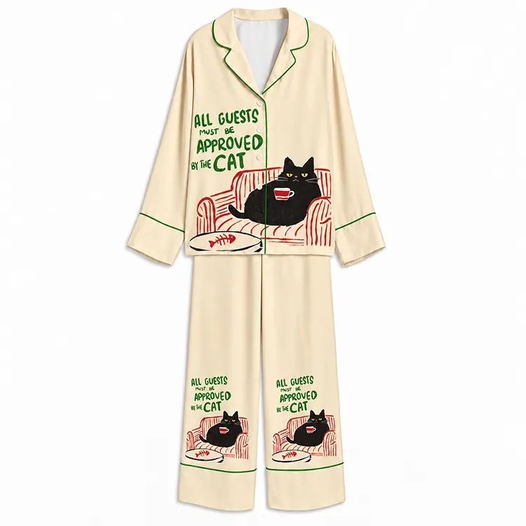 Cat Approved Houseguest Cream Unisex Long Sleeve Silky Satin Pajama Set