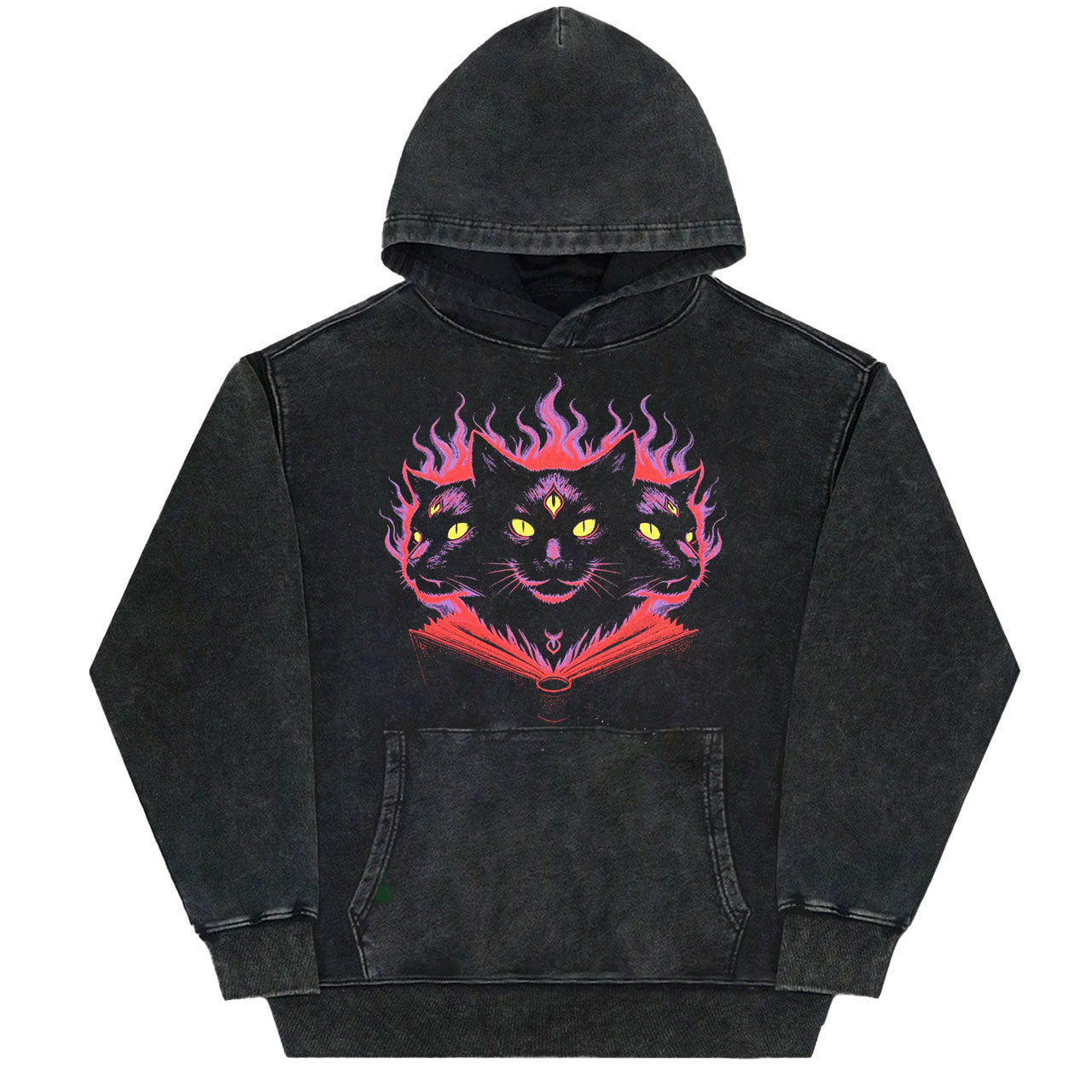 Three-Eyed Black Cat & Flaming Grimoire Vintage Washed T-Shirt/Sweatshirt/Hoodie-LASPORTN