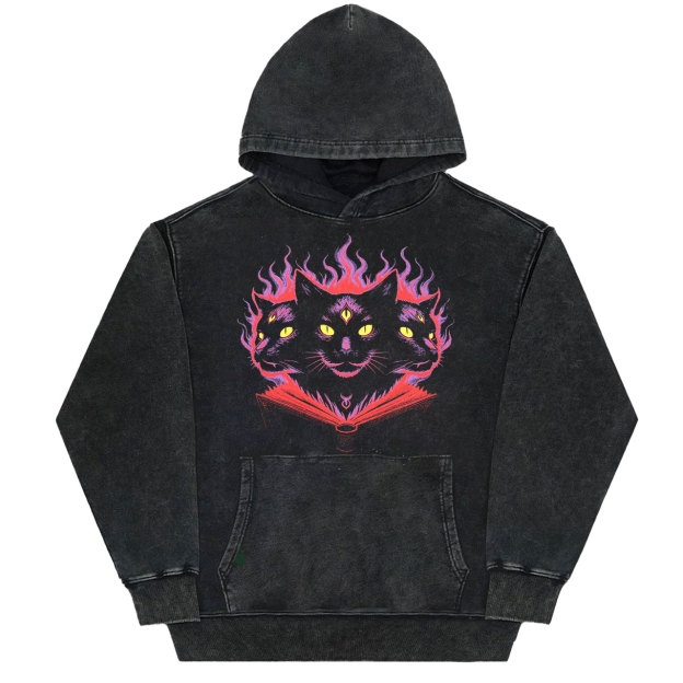 Three-Eyed Black Cat & Flaming Grimoire Vintage Washed T-Shirt/Sweatshirt/Hoodie-LASPORTN