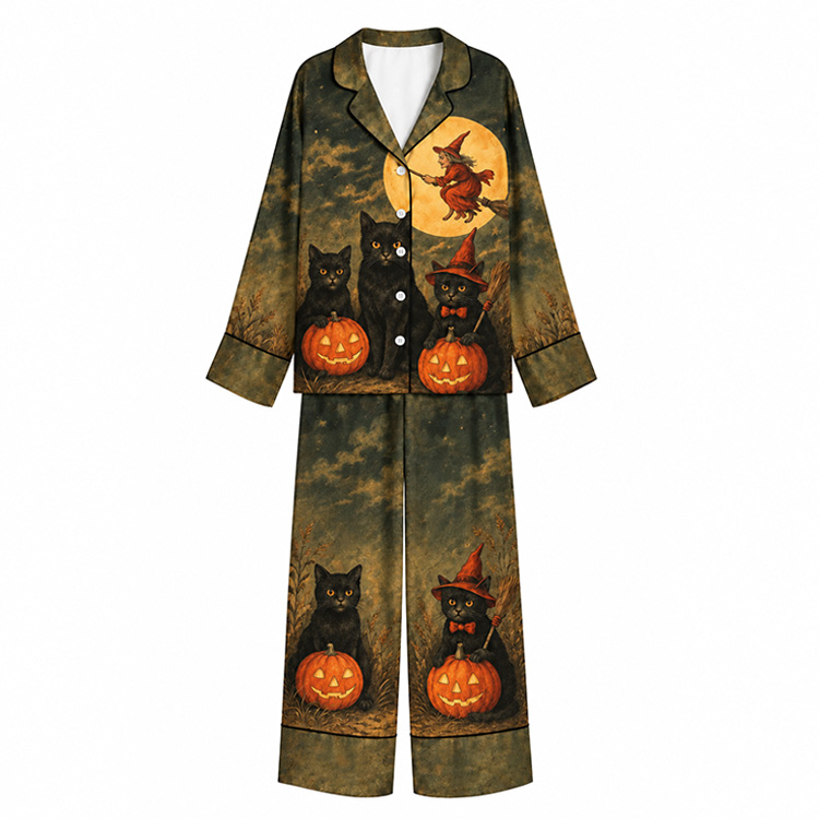 Halloween Moonlit Witch Cats Pumpkin Unisex Long Sleeve Silky Satin Pajama Set