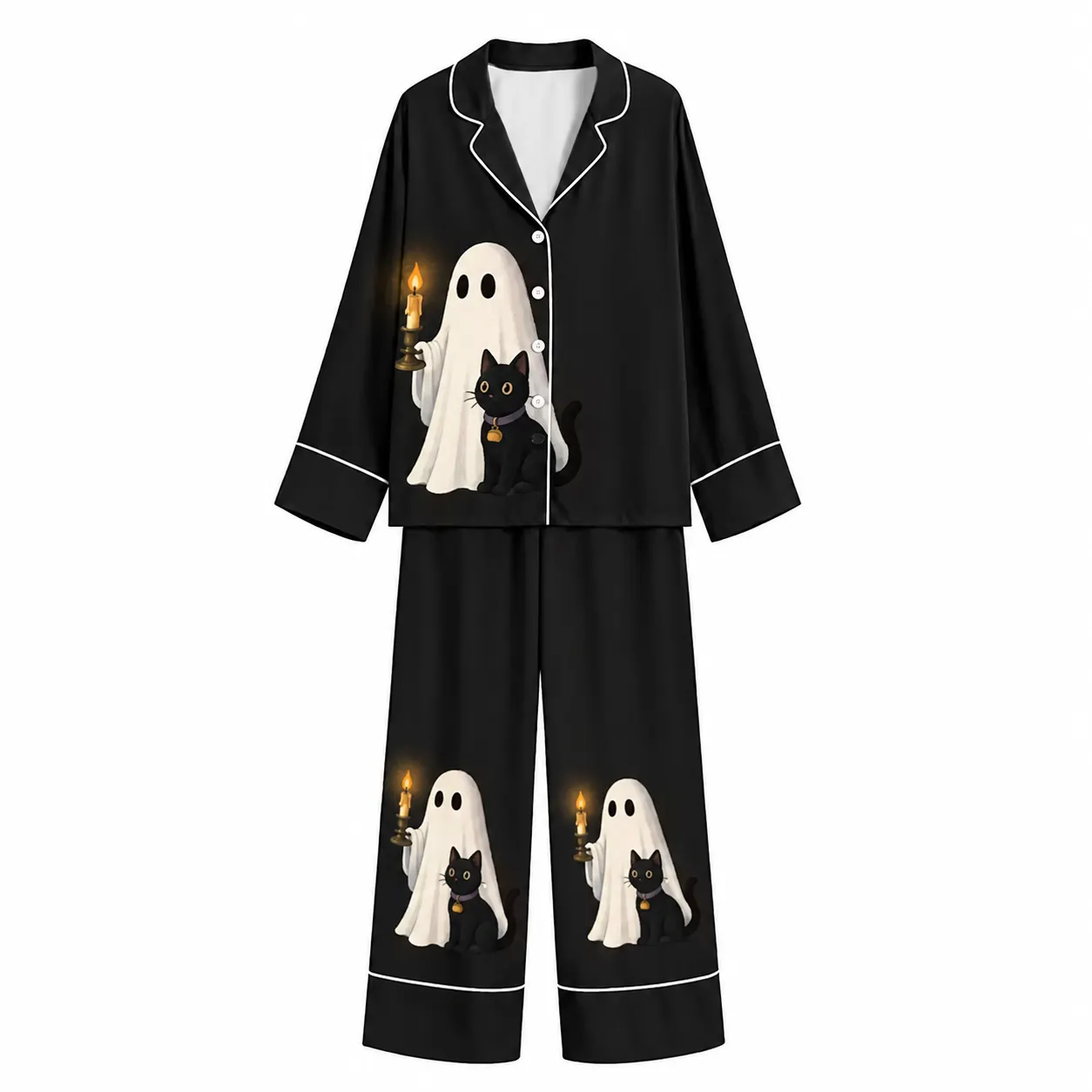 Halloween Candlelight Ghost Cat Black Unisex Long Sleeve Silky Satin Pajama Set