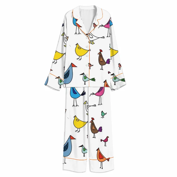 Colorful Doodle Bird Flock White Unisex Long Sleeve Silky Satin Pajama Set