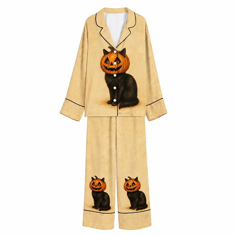 Halloween Pumpkin Mask Black Cat Unisex Long Sleeve Silky Satin Pajama Set
