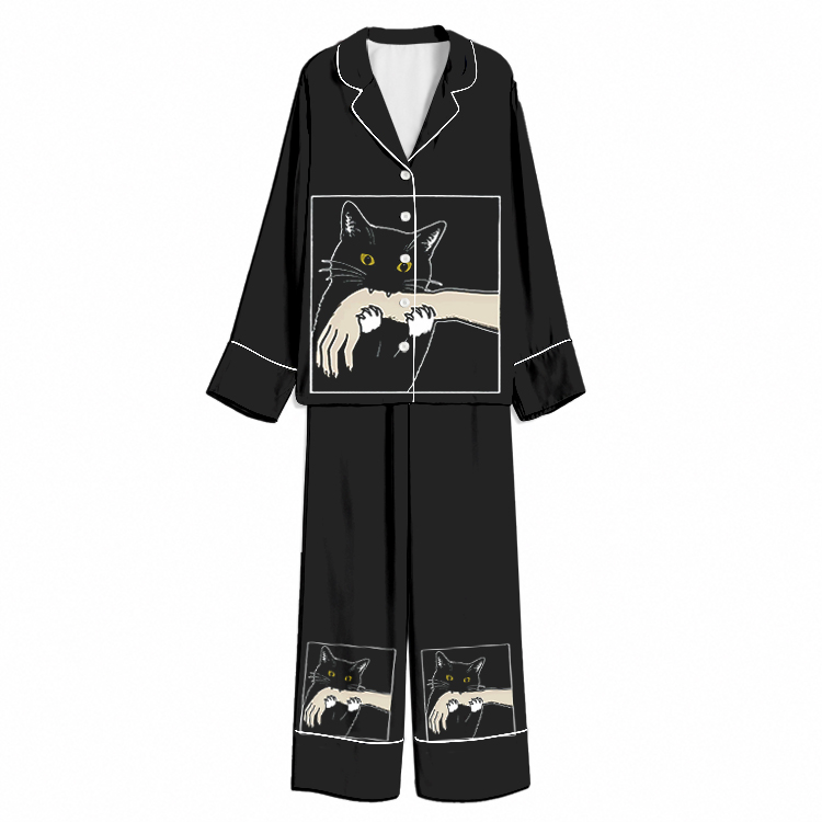 Playful Arm-Hugging Black Cat Black Unisex Long Sleeve Silky Satin Pajama Set