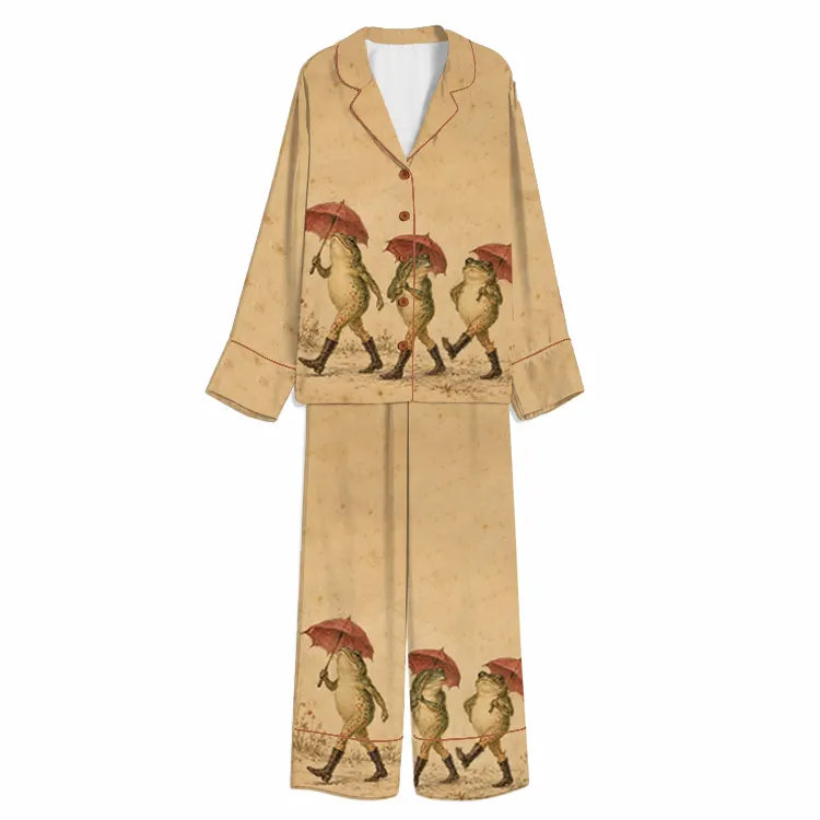 Rainy Day Umbrella Frog Parade Beige Unisex Long Sleeve Silky Satin Pajama Set
