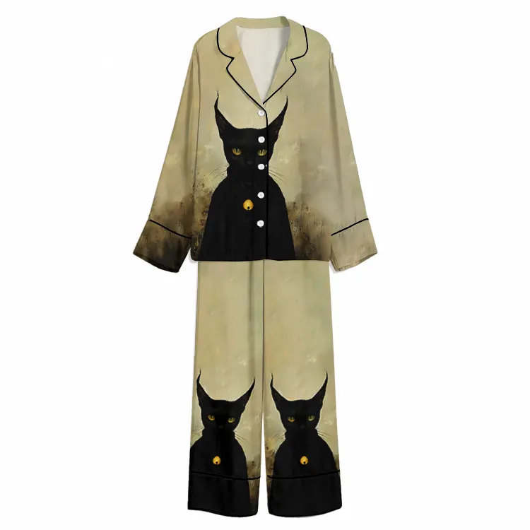Halloween Gothic Golden-Eyed Bell Cat Unisex Long Sleeve Silky Satin Pajama Set