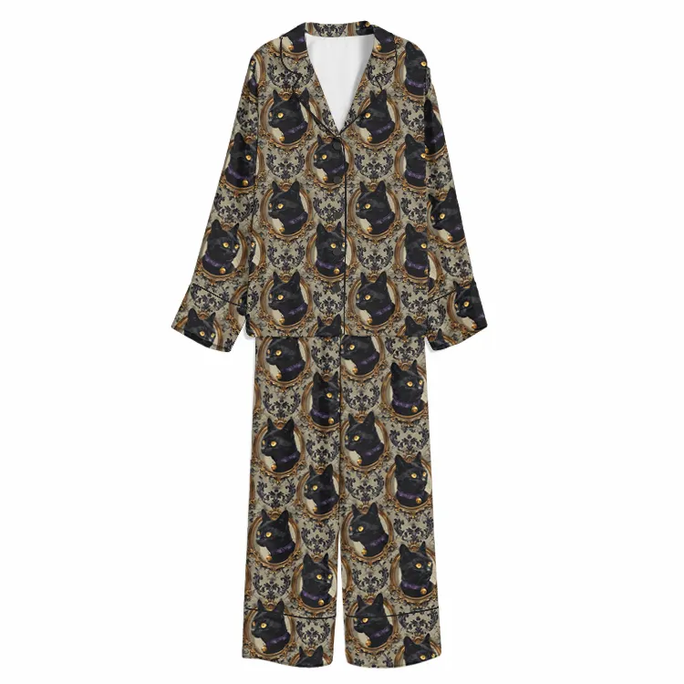 Halloween Victorian Witch Hat Black Cat Gold Unisex Long Sleeve Silky Satin Pajama Set