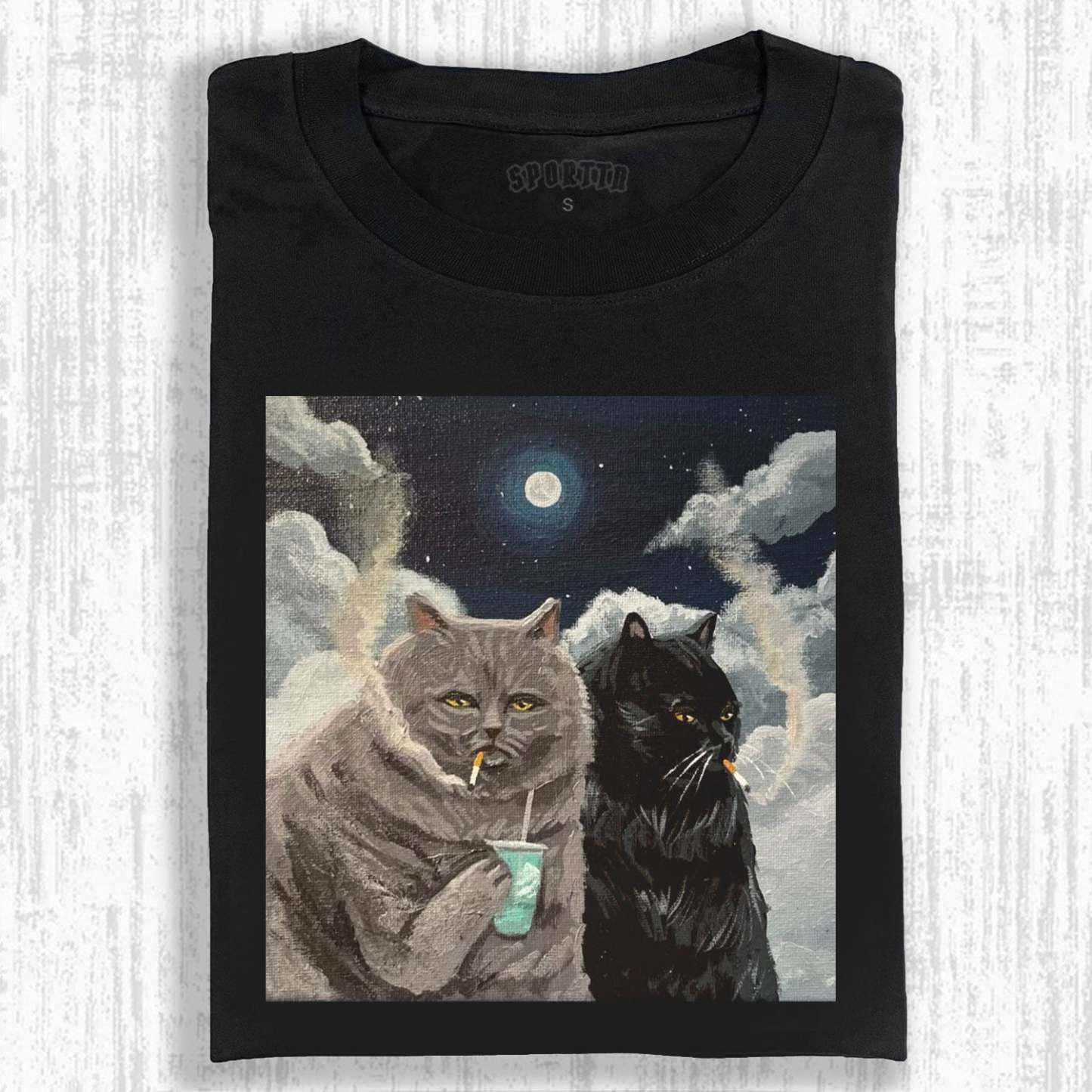 CATS SMOKING UNDER THE MOON T-SHIRT-LASPORTN