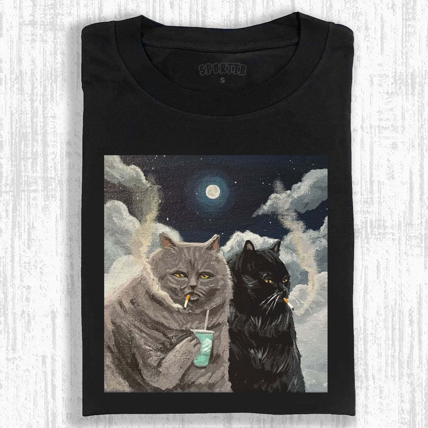 CATS SMOKING UNDER THE MOON T-SHIRT-LASPORTN