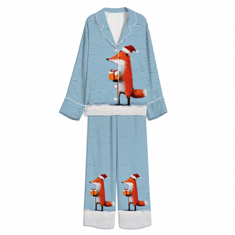 Christmas Gift-Bearing Fox Sky Blue Unisex Long Sleeve Silky Satin Pajama Set