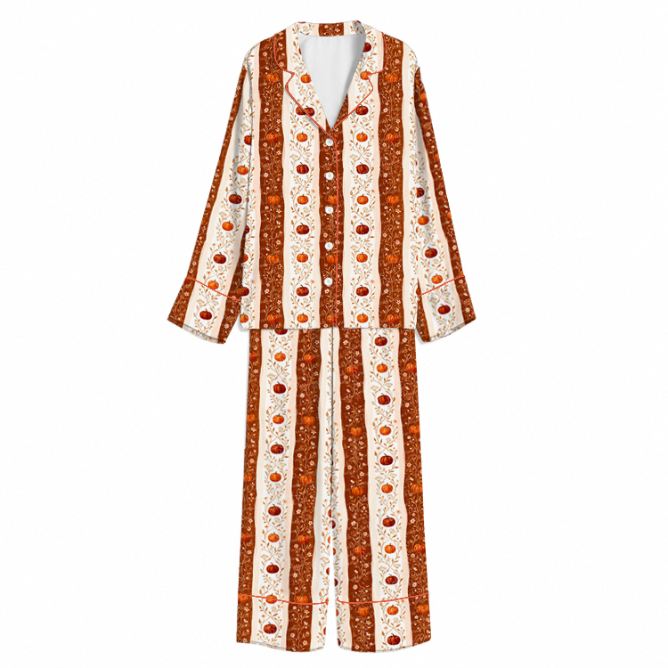 Halloween Vintage Pumpkin Stripe Rust Unisex Long Sleeve Silky Satin Pajama Set