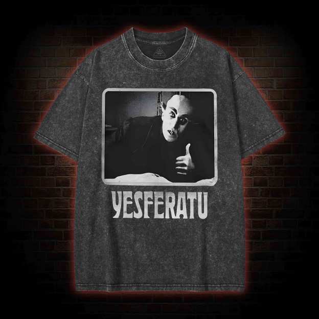 YESFERATU FUNNY HORROR RETRO WASHED T-SHIRT-LASPORTN
