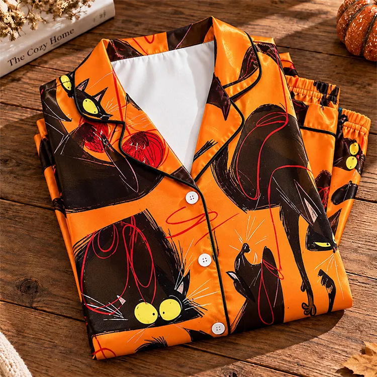 Halloween Abstract Midnight Cats Orange Unisex Long Sleeve Silky Satin Pajama Set